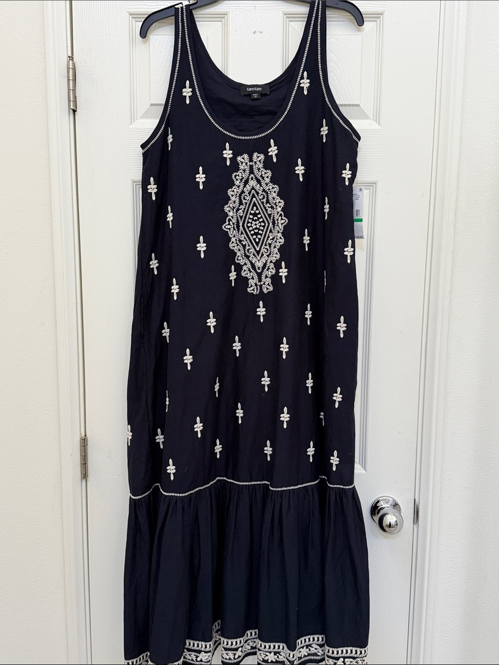 NWT Karen Kane Navy Midi Dress with White Embroidery